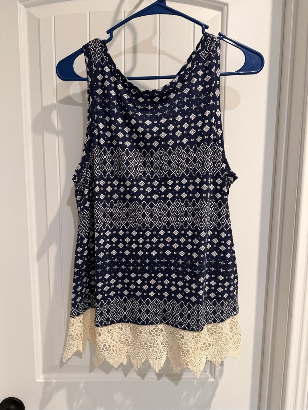 Navy Patterned Sleeveless Camisole with Cream Lace Trim